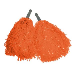 Cheerballs/pompoms - set van 2x - oranje - met franjes en stick handgreep - 25 cm - voor kinderen