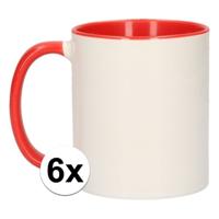 Koffiemok / thee beker - 6x - 300 ml - Wit/rood - Cadeau mokken - keramiek