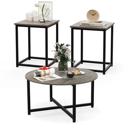 3-Delige Salontafelset Ronde Salontafel en 2 Vierkante Bijzettafels met Stevig Metalen Frame 3 Moderne Salontafels Bruin/Wit/Grijs