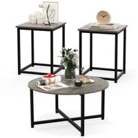 3-Delige Salontafelset Ronde Salontafel en 2 Vierkante Bijzettafels met Stevig Metalen Frame 3 Moderne Salontafels Bruin/Wit/Grijs
