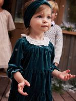 Kerstcadeauverpakking fluwelen jurk + hoofdband voor babymeisjes smaragdgroen