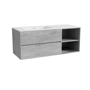 Storke Edge zwevend badmeubel 130 x 52 cm beton donkergrijs met Mata asymmetrisch linkse wastafel in solid surface mat wit