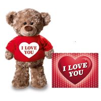 Valentijnskaart en knuffelbeer 24 cm met I love you rood shirt - thumbnail