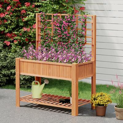 Houten Verhoogd Bed met Trellis & Opbergruimte Bloemenbed met Afvoergaten Tuinbed Plantenbak Bruin