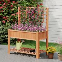 Houten Verhoogd Bed met Trellis & Opbergruimte Bloemenbed met Afvoergaten Tuinbed Plantenbak Bruin