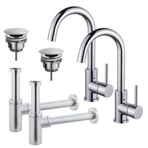 Fortifura Calvi Wastafelkraanset - voor dubbele wastafel - hoge wastafelkraan - draaibare uitloop - always open plug - design sifon - Chroom 2x SW809346/2x SW696209/2x SW696214
