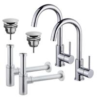Fortifura Calvi Wastafelkraanset - voor dubbele wastafel - hoge wastafelkraan - draaibare uitloop - always open plug - design sifon - Chroom 2x SW809346/2x SW696209/2x SW696214