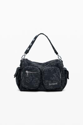 Middelgrote denim tas met meerdere geborduurde zakken - BLACK - U