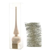 Kerstversiering glazen piek mat 26 cm en folieslingers pakket licht parel/champagne van 3x stuks - thumbnail