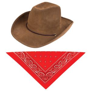 Carnaval verkleedset cowboyhoed Utah bruin - met rode hals zakdoek - voor volwassenen