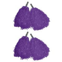 Cheerballs/pompoms - set van 6x - paars - met franjes en stick handgreep - 25 cm - voor kinderen