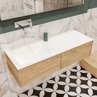 Mondiaz Lush Cloud badmeubel eiken licht 120 cm 2 lades solid surface enkele spoelbak links zonder kraangat