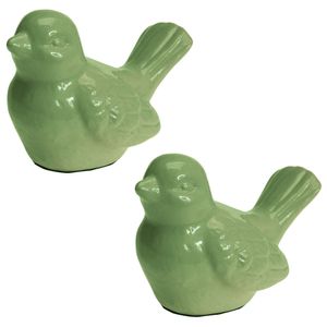 Set van 2x stuks decoratie dieren beeld vogel groen met staart omhoog 12 cm