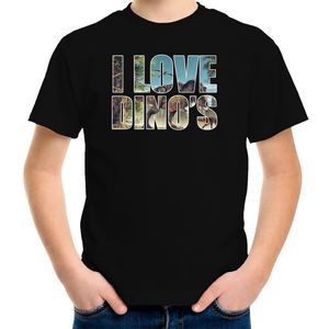 Tekst t-shirt I love dinosaurs met dieren foto van een dino zwart voor kinderen