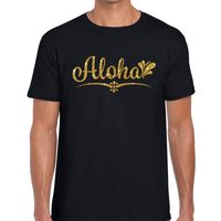 Aloha gouden glitter hawaii t-shirt zwart heren - thumbnail