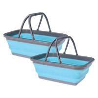 Wasmand/boodschappen mand opvouwbaar met hengsel - 2x - kunststof - 30L - blauw - 39 x 27 x 14.5 cm