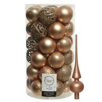 37x stuks kunststof kerstballen 6 cm incl. glazen piek toffee bruin - thumbnail