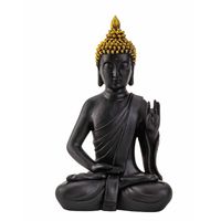 Boeddha beeldje zittend - binnen/buiten - kunststeen - zwart/goud - 31 x 18 cm - Beeldjes - thumbnail