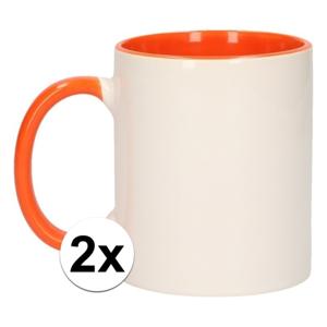 Koffiemok / thee beker - 2x - 300 ml - Wit/oranje - Cadeau mokken - keramiek