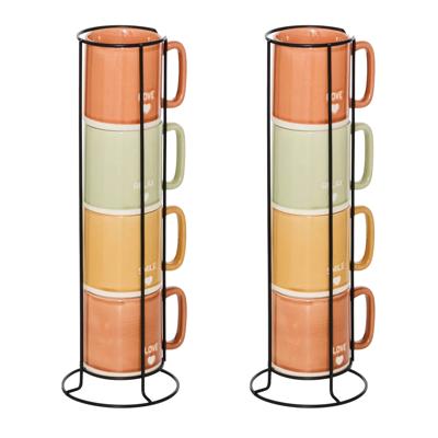 Koffiemokken Earth - 8x stuks in metalen rekje - Keramiek - glans afwerking - 340 ml - 7 x 9 cm