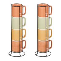 Koffiemokken Earth - 8x stuks in metalen rekje - Keramiek - glans afwerking - 340 ml - 7 x 9 cm