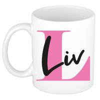 Naam mok Liv - roze - wit - keramiek - 300 ml - verjaardag/cadeau beker