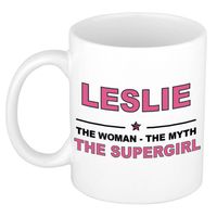 Naam cadeau mok/ beker Leslie The woman, The myth the supergirl 300 ml - Naam mokken