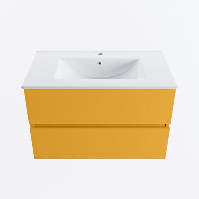 MONDIAZ VICA 80cm badmeubel onderkast Ocher 2 lades. Wastafel DENIA midden 1 kraangat, kleur Glanzend Wit.
