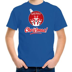 Rendier Kerstbal shirt / Kerst t-shirt Merry Christmas blauw voor kinderen