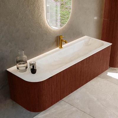 Badmeubel Mondiaz Kurve-Dlux | 145 cm cm | Meubelkleur Ruby | Wastafelkleur Ostra | Solid surface | Wasbak rechter zijde spoelbak | 1 kraangat