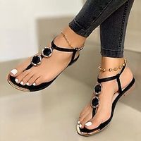 dames sandalen met bandjes boho strand platte sandalen blote voeten sandalen dagelijks strand effen zomer gesp platte hak ronde neus vintage casual t-band zwart wit goud Lightinthebox - thumbnail