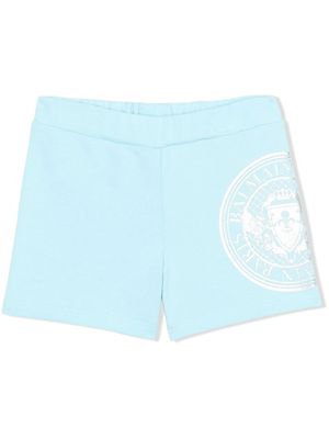 Balmain Kids short de sport en coton à logo imprimé - Bleu