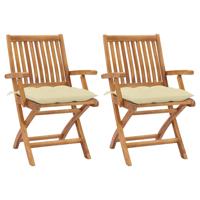 Tuinstoelen 2 st met crèmewitte kussens massief teakhout