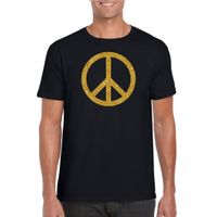 Zwart Flower Power t-shirt gouden glitter peace teken heren - thumbnail