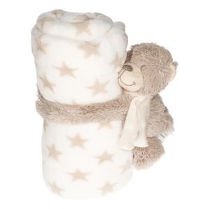 Wit/beige sterrenprint deken 100 x 75 cm met klittenband beren knuffel