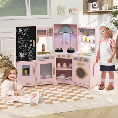 Houten Kinderkeuken met Licht en Geluid Hoek Speelkeuken met Krijtbord Magnetron en Gootsteen Houten Keuken in Roze