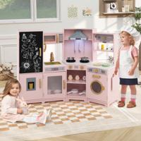 Houten Kinderkeuken met Licht en Geluid Hoek Speelkeuken met Krijtbord Magnetron en Gootsteen Houten Keuken in Roze