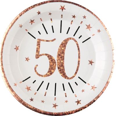 Verjaardag feest bordjes leeftijd - 10x - 50 jaar - rose goud - karton - 22 cm - rond
