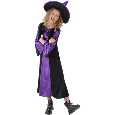 Smiffys Heksen kinder jurk - zwart/paars - Halloween kostuum - verkleedkleding carnaval - fluweel