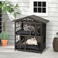 2-verdieping Rieten Kattenhuis met Afneembare Kussens Verhoogde Kattenkast Kattenhol