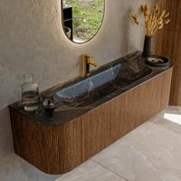 Mondiaz KURVE-DLUX 150 cm Onderkast Greeploos 1 Lade Met Deuren Walnut, Wastafel Solid Surface Midden Lava 1 Kraangat Zonder Spiegel (KRVBGM150L+R1L2D1KM-Wal/Lav)