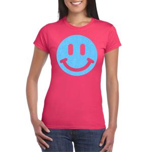 Verkleed T-shirt voor dames - Smile Emoticon - roze - carnaval/foute party - feestkleding