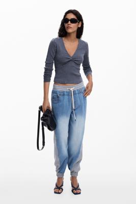 Geribbelde knoop T-shirt - BLACK - L