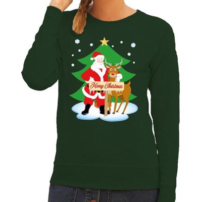 Foute kersttrui - sweater - De kerstman en rendier Rudolf - groen - voor dames