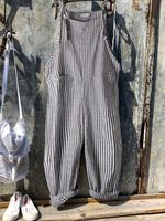 Vintage Black Gray Linen Stripes Pants Romper Jumpsuits - thumbnail