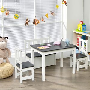 4-Delige Kindertafel & Stoel Set 2-In-1 Houten Peuter Activiteit Tafel Set met 2 Stoelen & 1 Opbergbankje Kindermeubilair Grijs