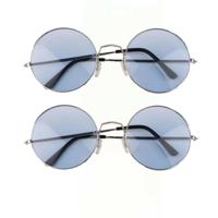 Party zonnebril - 2x - Hippie Flower Power Sixties - grote XL ronde glazen - blauw