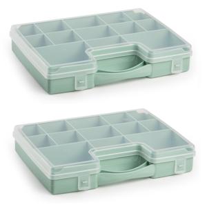 2x plasticforte opbergkoffertje - 13-vaks - mintgroen - opbergkoffer - sorteer box - 27,5 x 20,5 x 3