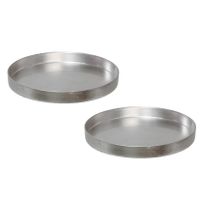 2x stuks ronde kunststof dienbladen/kaarsenplateaus zilver D27 cm