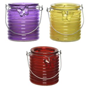 Citronella windlicht met kaars - 3x - paars/geel en rood - 20 branduren - citrusgeur